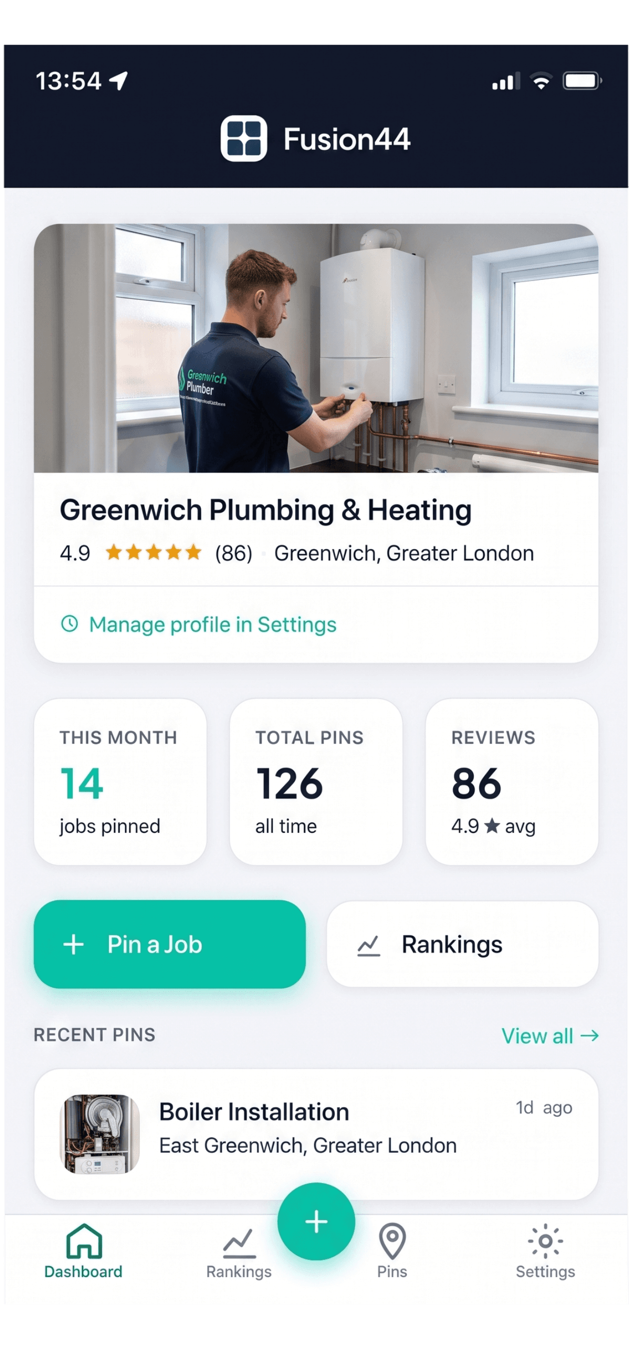Fusion44 dashboard showing completed jobs, total pins and reviews
