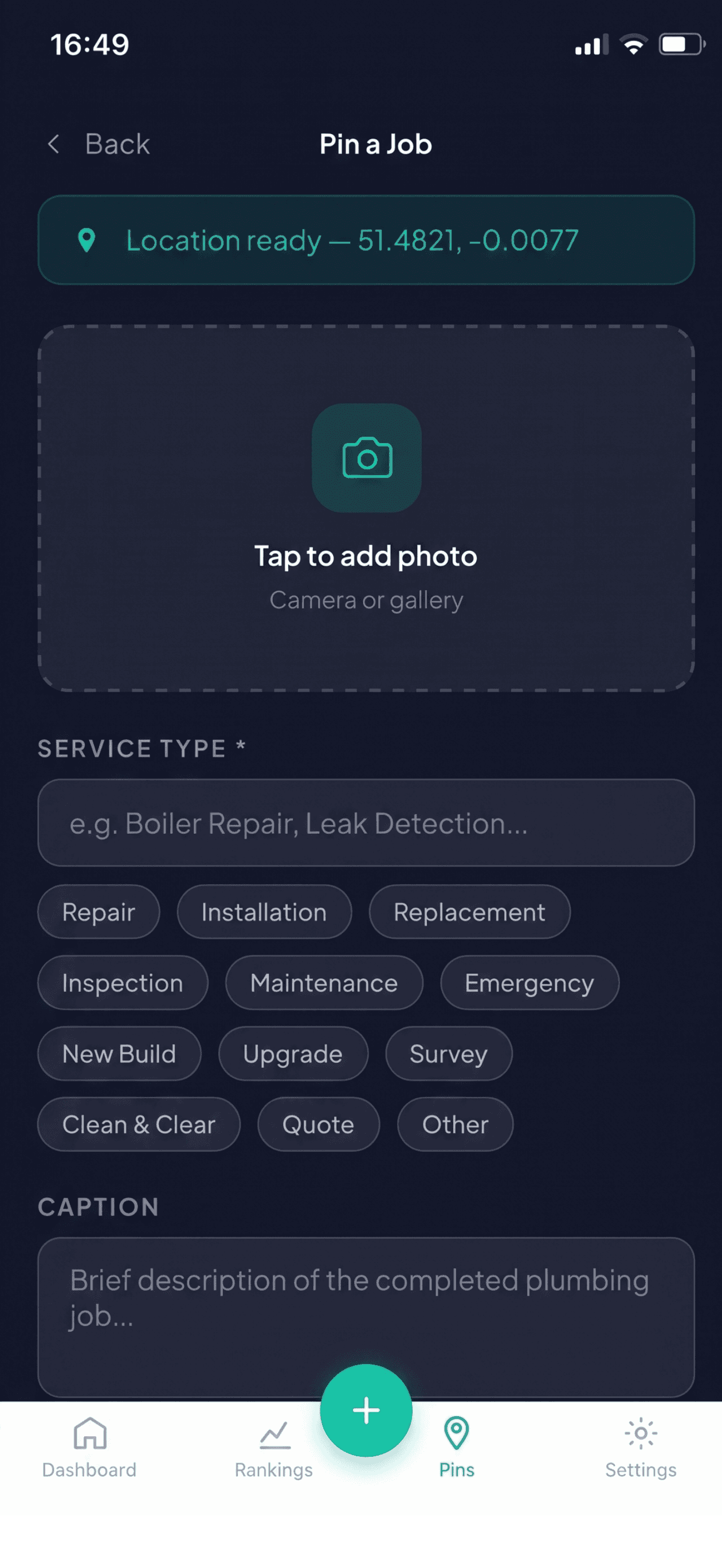 Pin a Job screen, ready to add a photo and service type