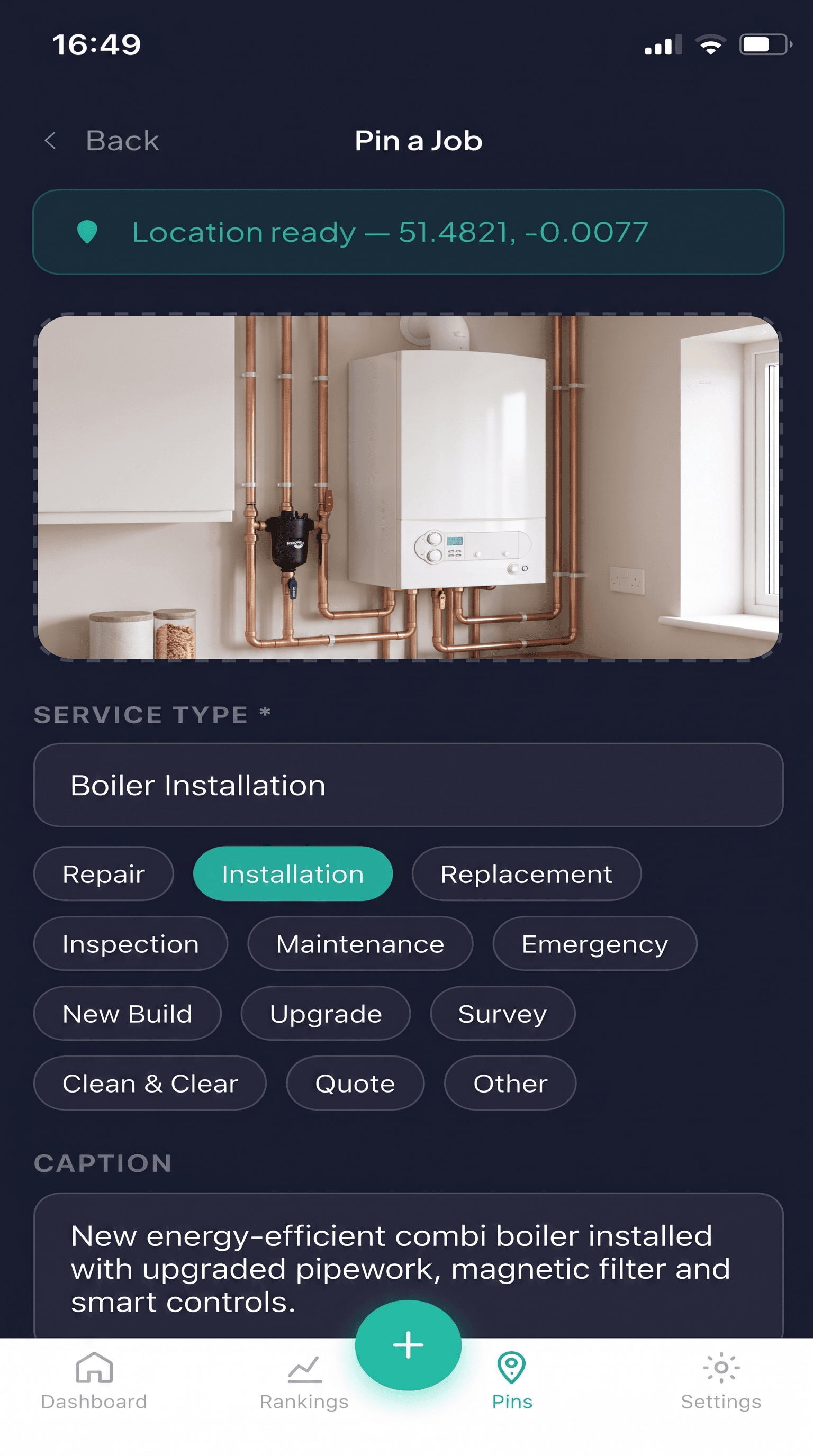 Pin a Job screen filled in with a boiler installation photo and caption