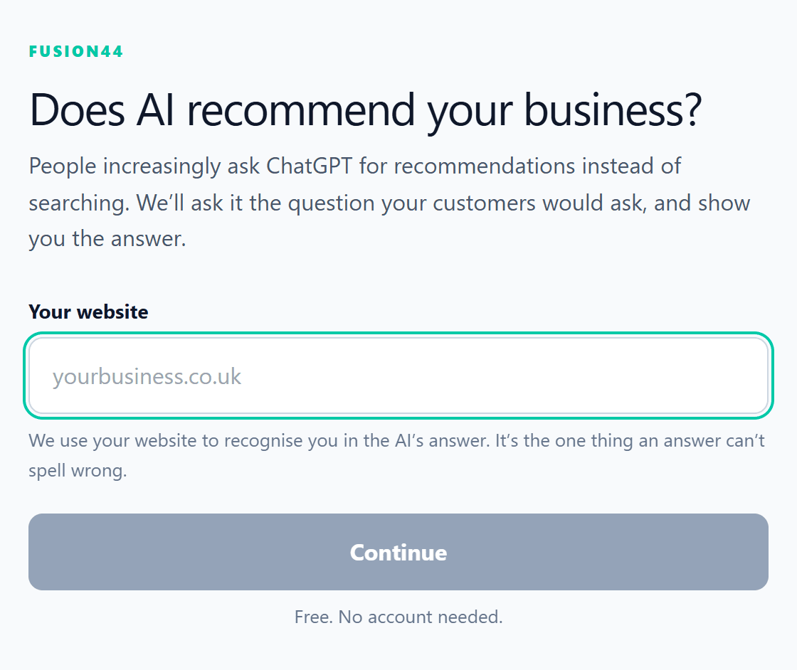 Fusion44 AI visibility check asking a prospect for their website, headlined "Does AI recommend your business?"