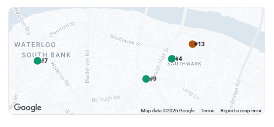 Fusion44 Maps visibility result map showing a business ranking #4, #7, #9 and #13 across four search locations in south London