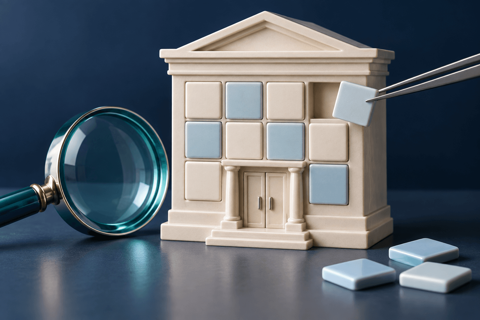 Conceptual illustration: an inspection lens beside carefully repaired information tiles and a small ceramic building