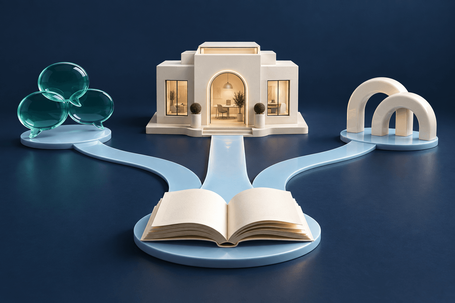 Conceptual illustration: distinct curved paths from a conversation circle and an open book meeting at a local studio