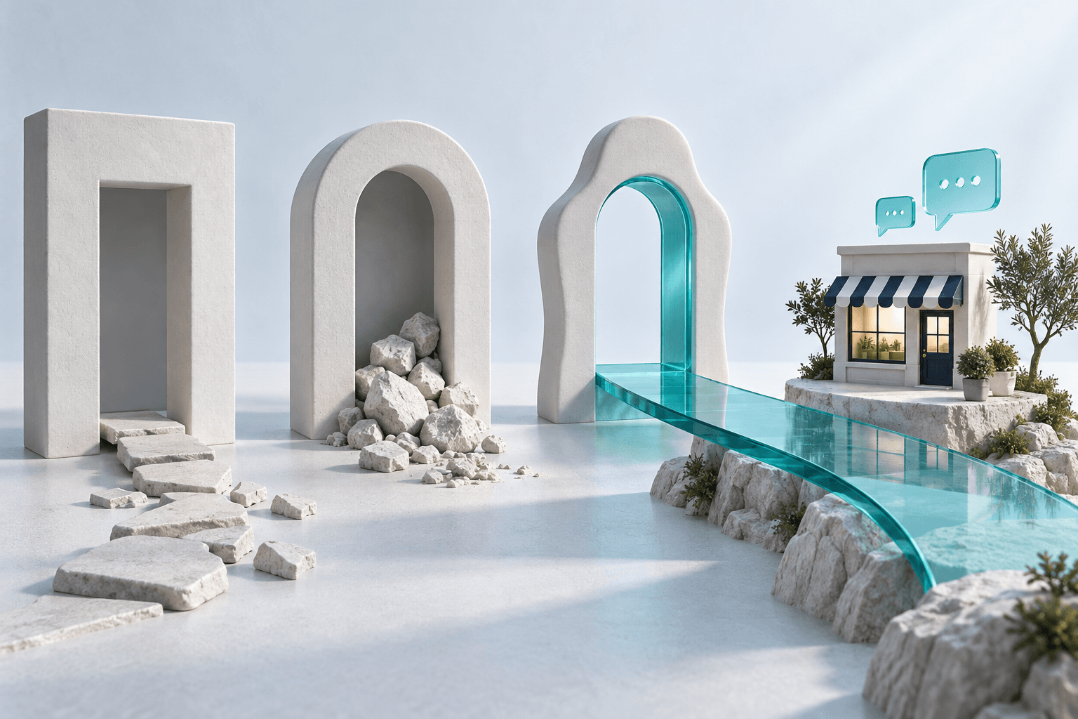 Conceptual teal bridge connecting one of three architectural doorways to a local storefront