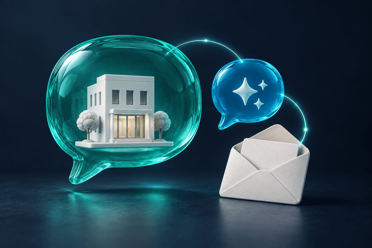 Conceptual business inside a teal conversation shape linked to an open envelope on a navy background