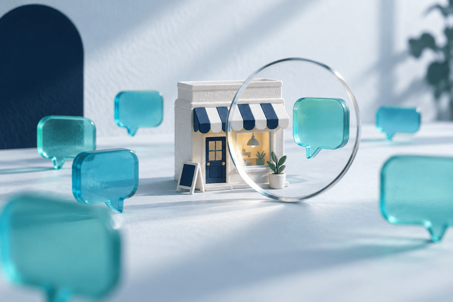 Conceptual illustration of a lens framing a local shop among translucent conversation shapes