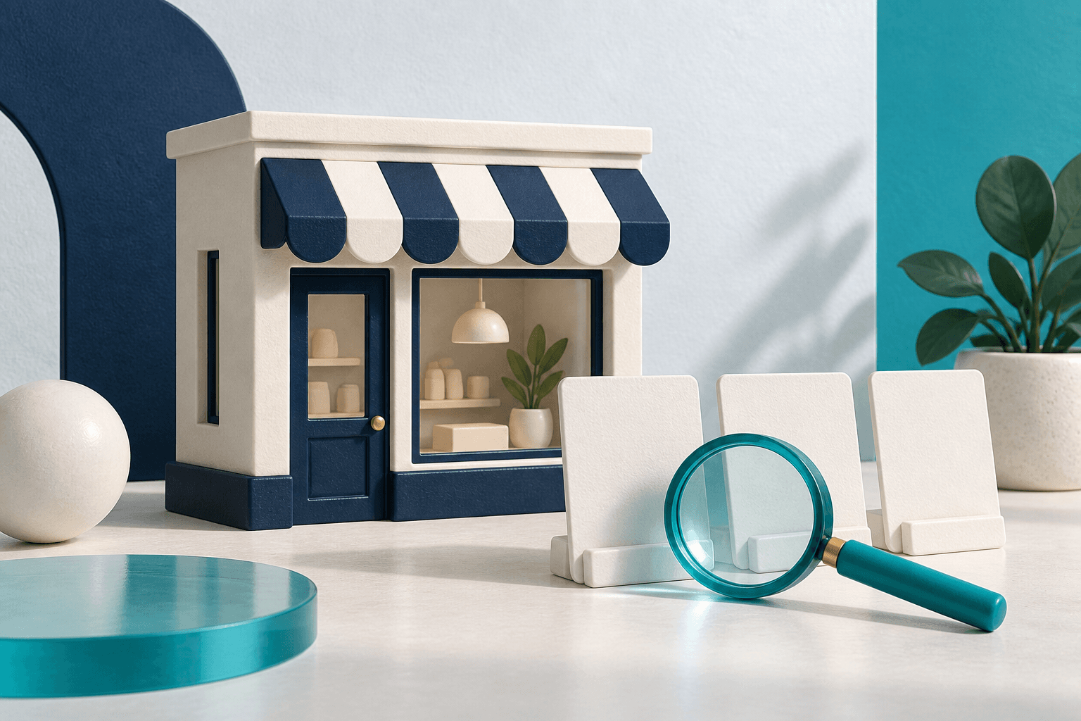 Conceptual local storefront and information cards being reviewed through a lens