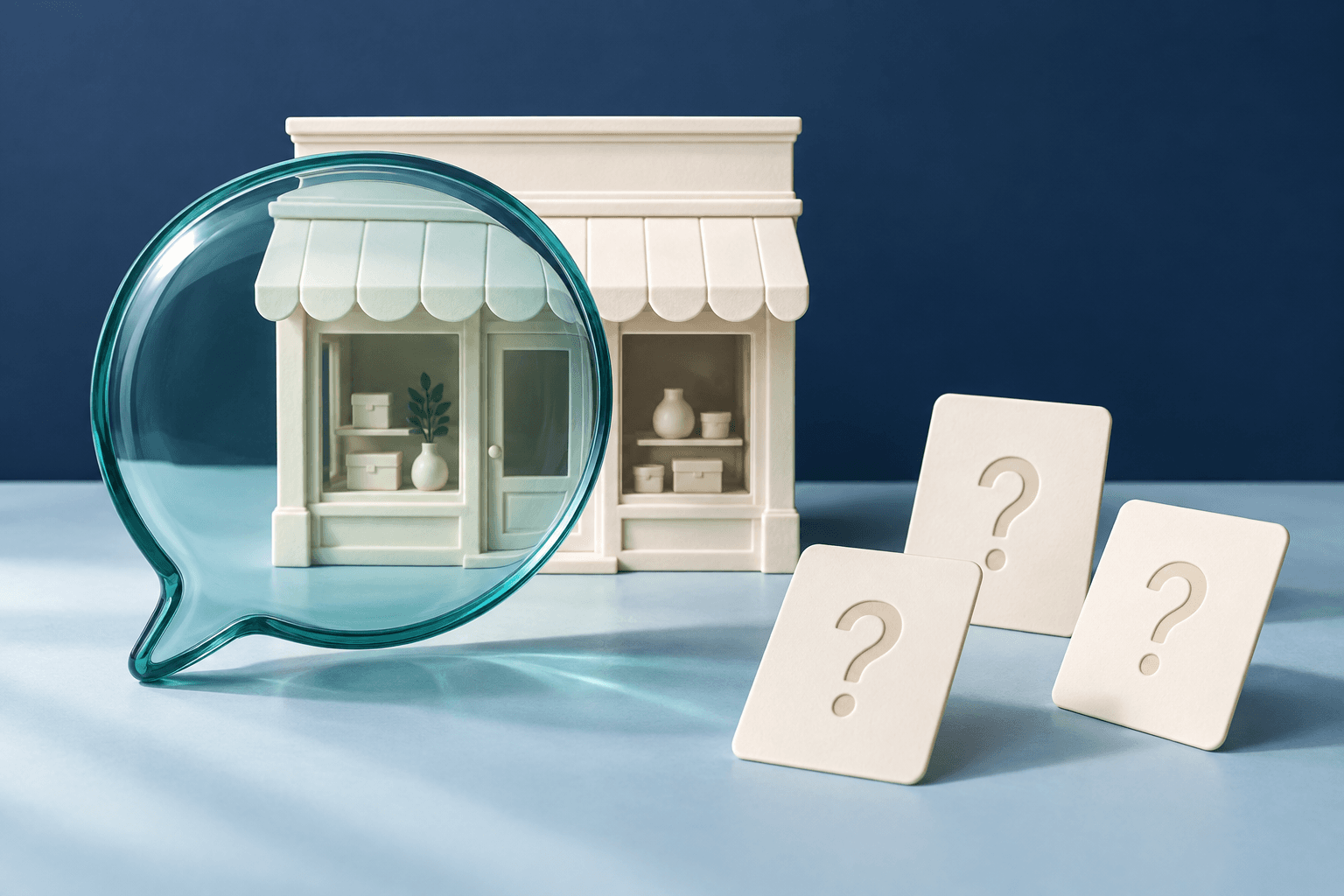 Conceptual illustration: a teal conversation lens inspecting a generic ivory storefront beside three blank question cards