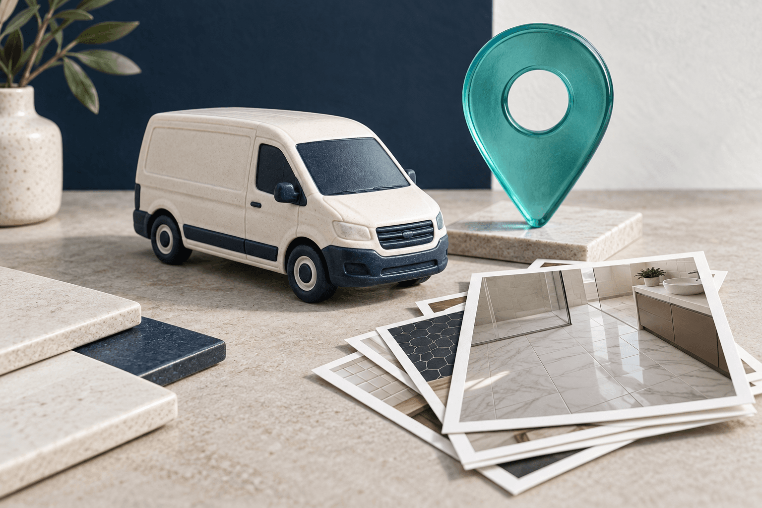 Conceptual illustration of a trades van beside completed-work records and a location pin