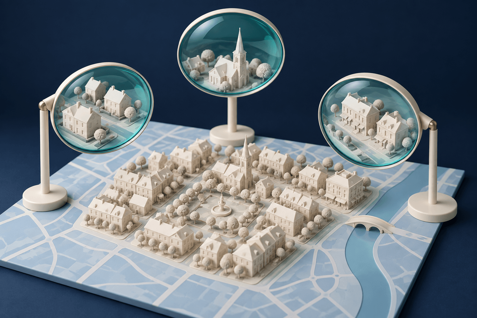 Conceptual illustration: three transparent lenses at different positions above the same folded abstract city map