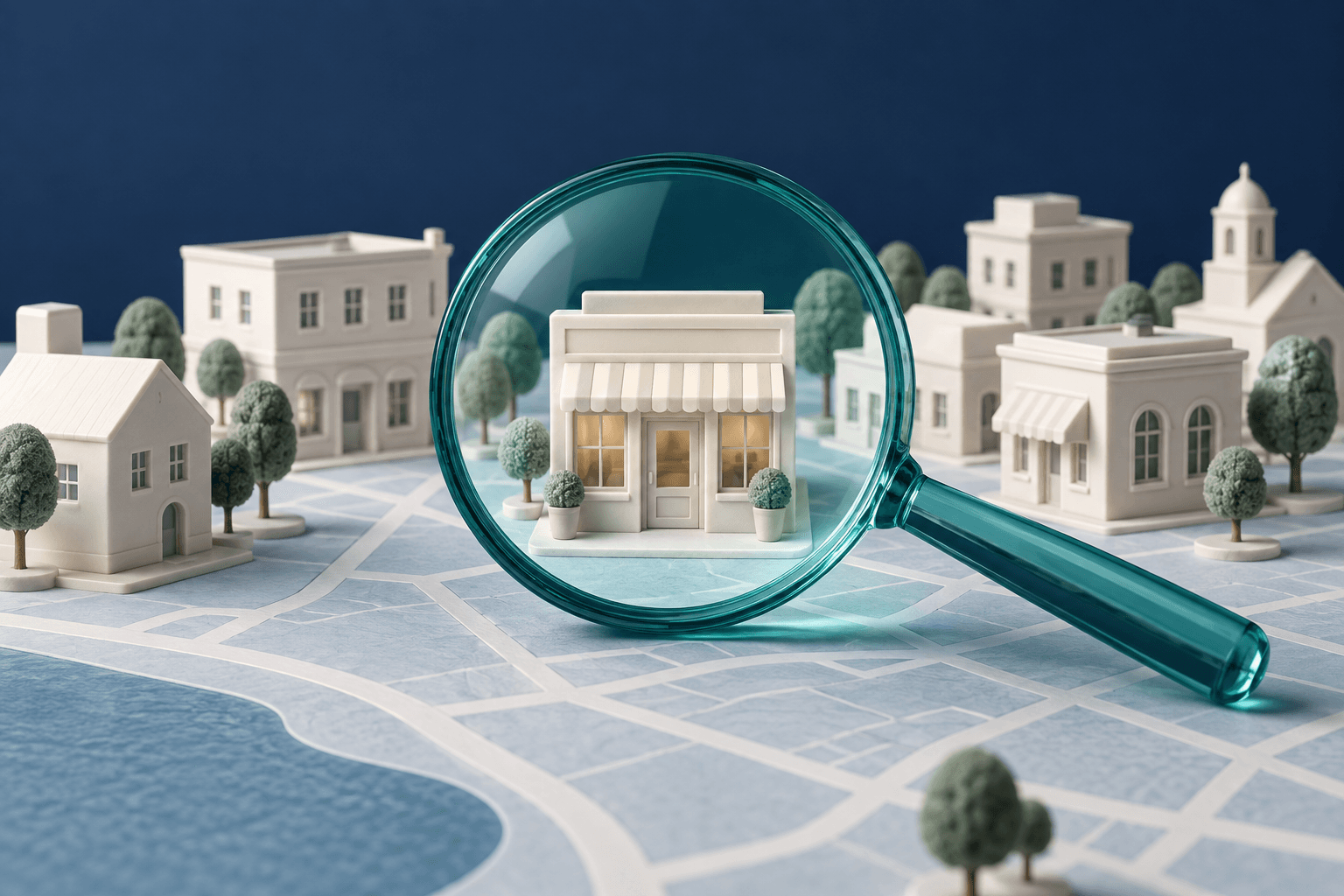 Conceptual illustration: a magnifying lens selecting one ivory storefront from a small neighbourhood model