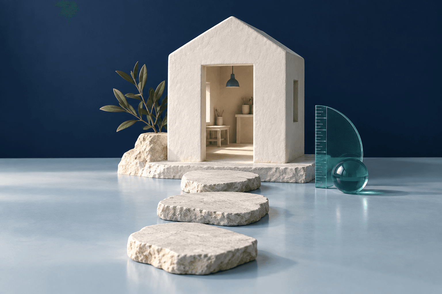 Conceptual illustration: a small workshop with three unfinished stepping stones leading to a single open doorway
