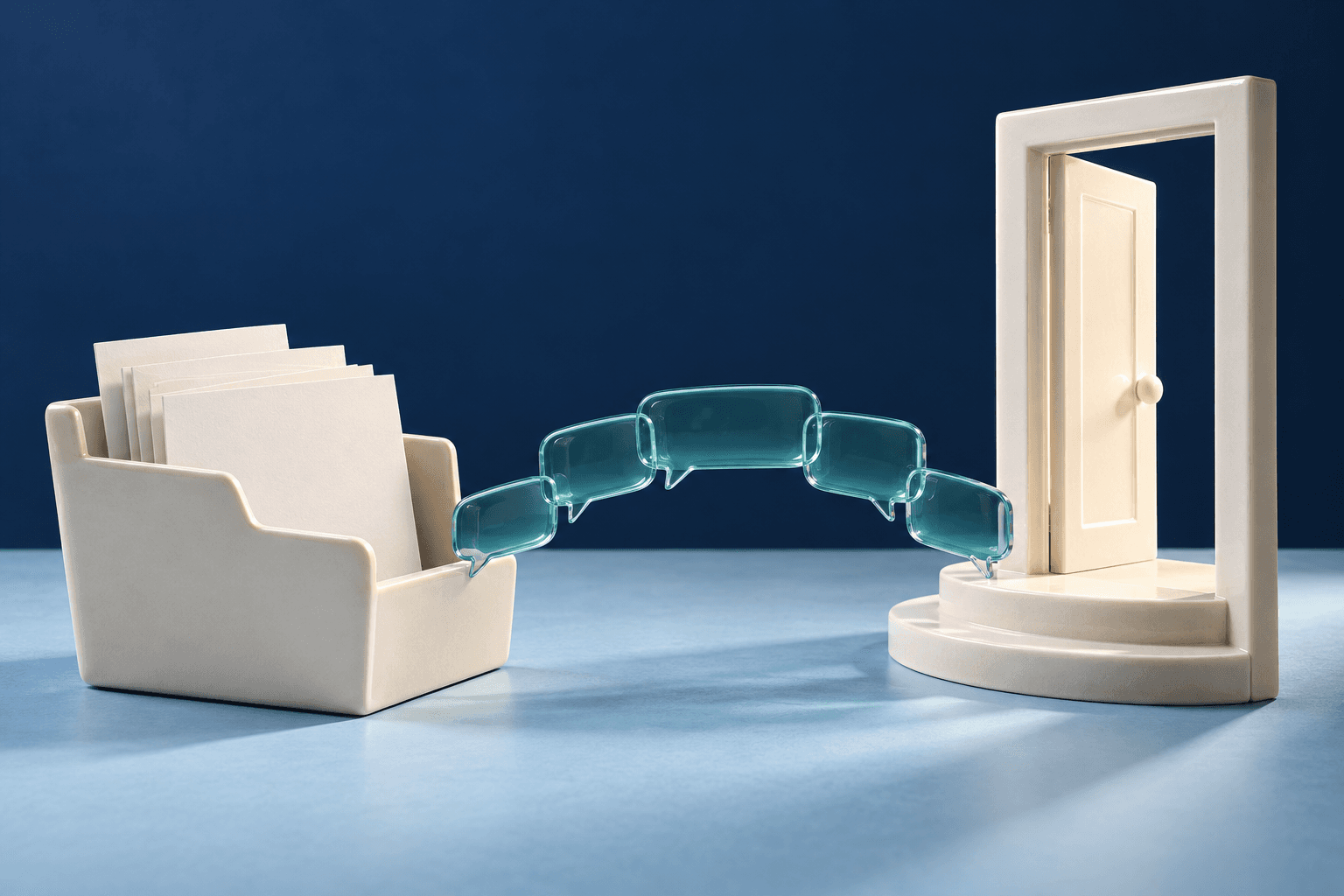 Conceptual illustration: two conversational ceramic forms connected by a short bridge with an open evidence folder