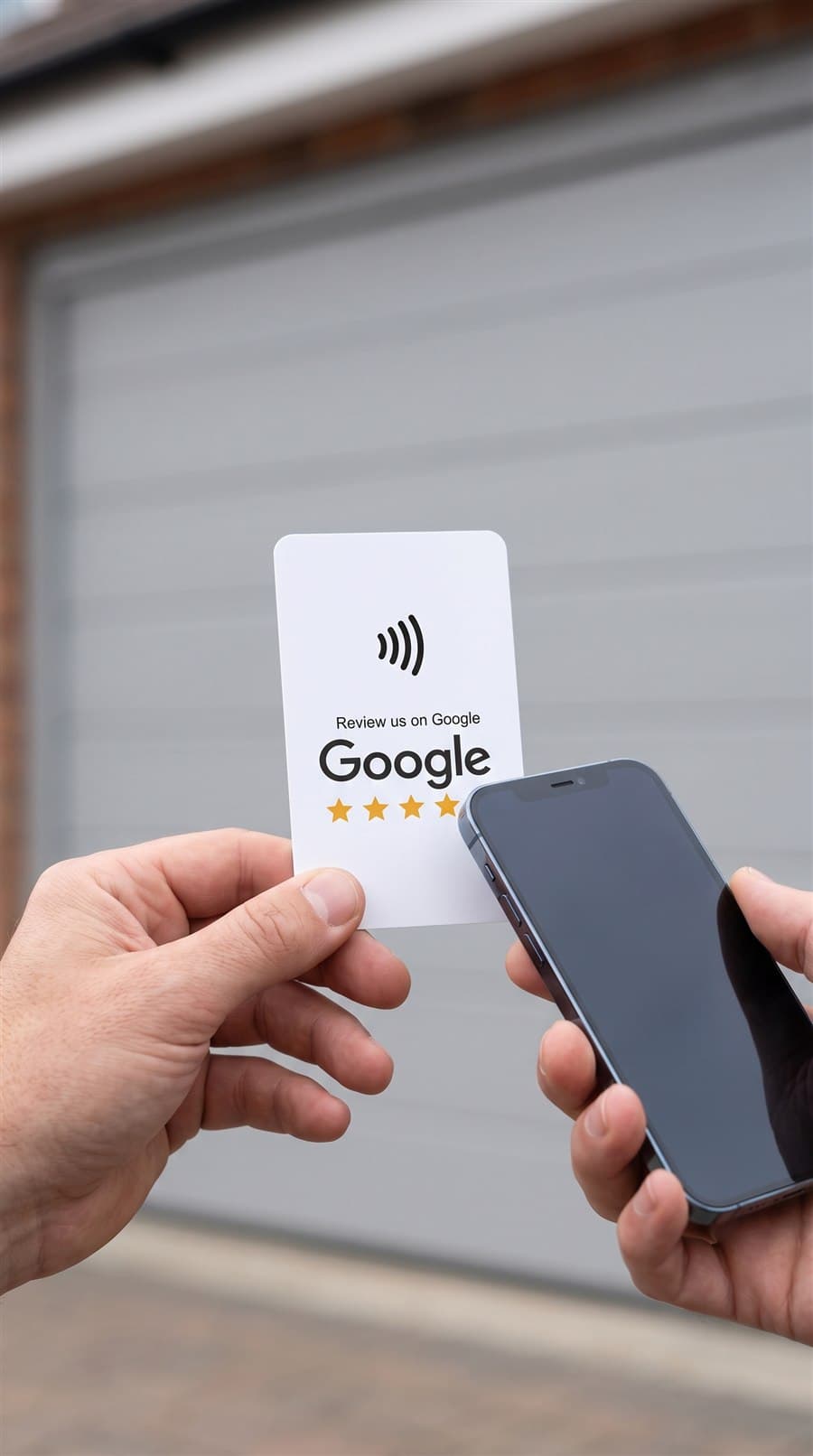 Customer tapping their phone on a Google Review Card handed over by a tradesperson outside a completed job