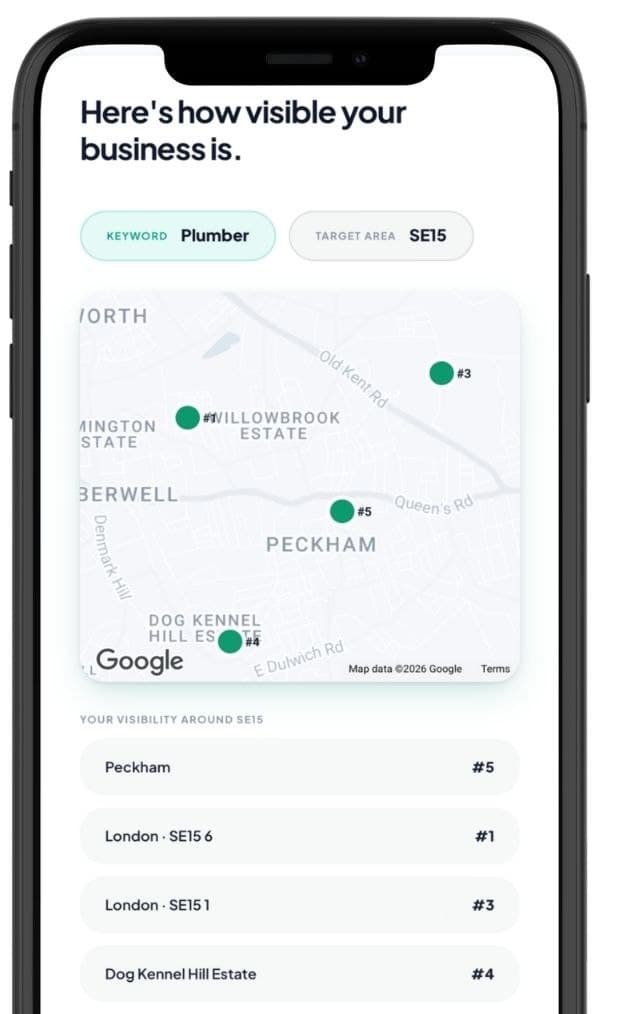 Fusion44 visibility check showing Google Maps ranking positions for the keyword plumber across areas around SE15