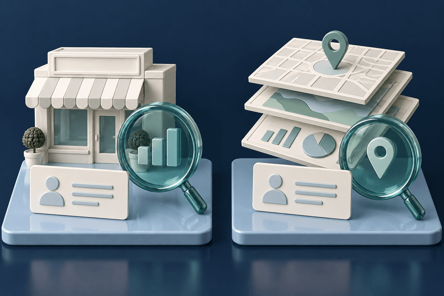 Conceptual illustration: two equally sized tool arrangements: a prospect lens and a map with organised report layers