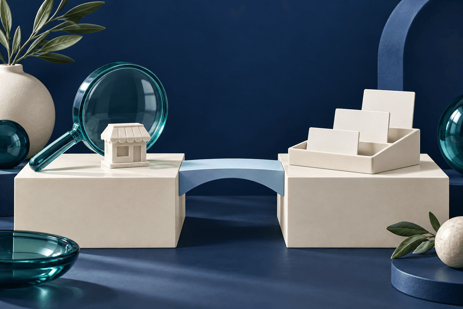 Conceptual illustration: a diagnostic lens and a multi-stage organising tray connected by a small removable bridge