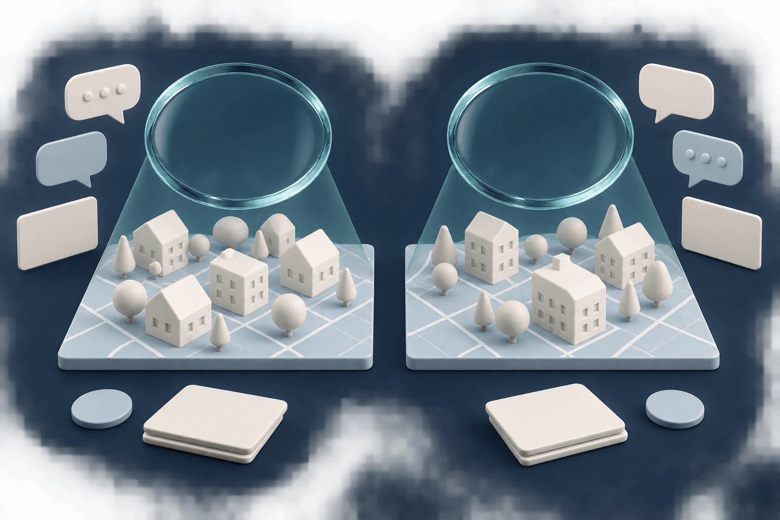 Conceptual illustration: two balanced lenses above a location grid and translucent conversation forms