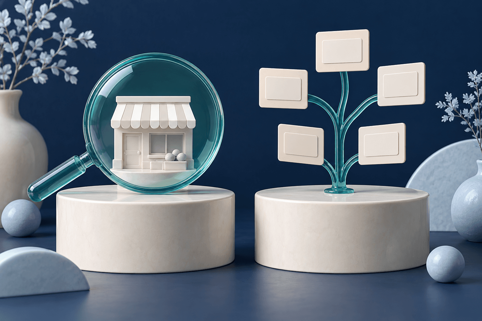 Conceptual illustration: a teal measurement lens beside branching blank question cards arranged at equal visual weight