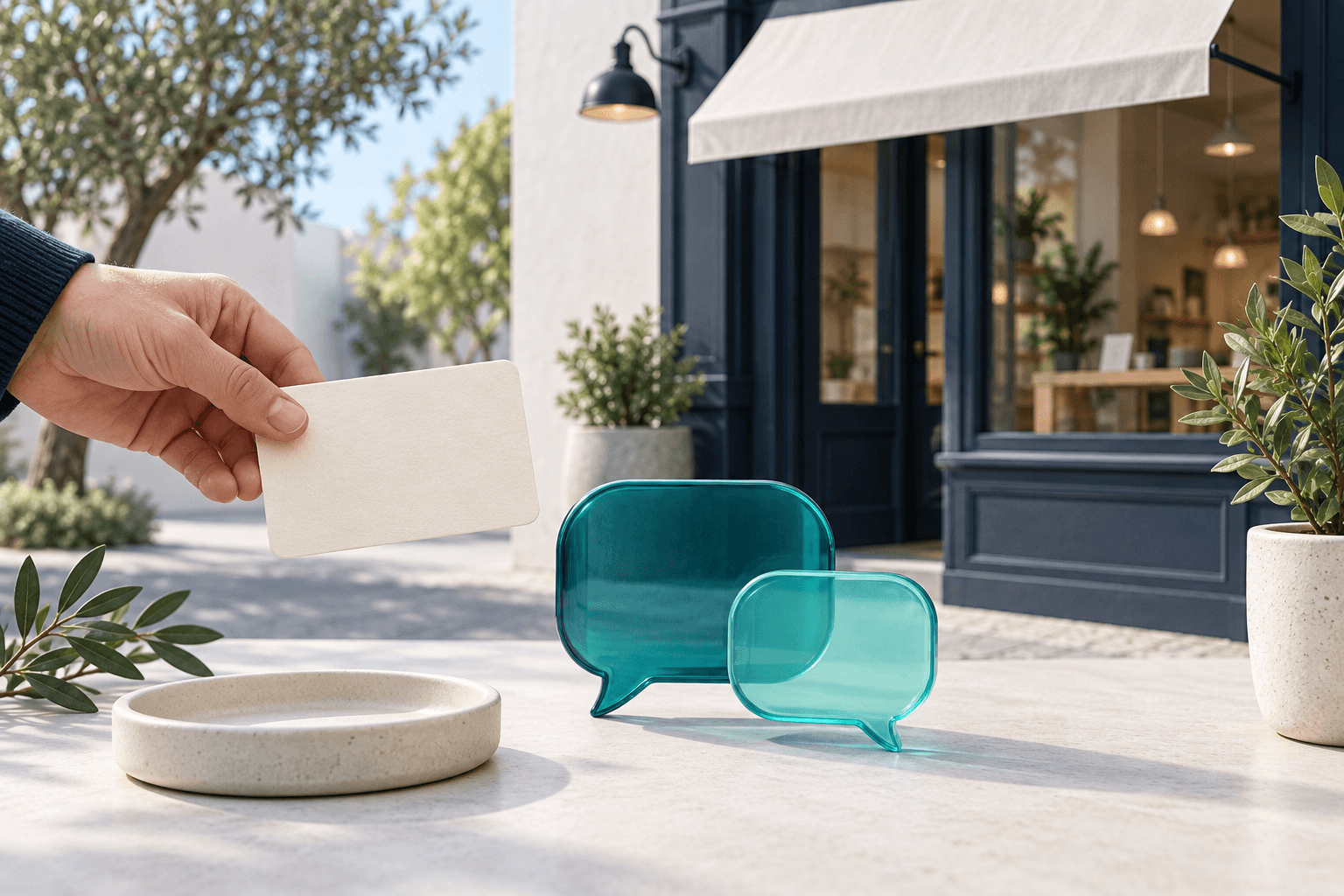 Conceptual review-request card and conversation shapes beside a local business