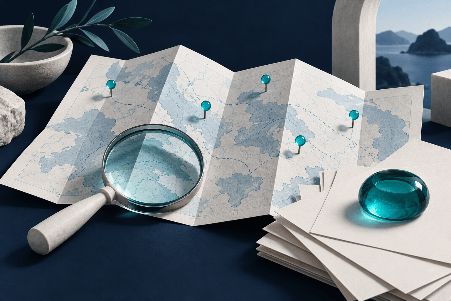A map lens and layered evidence sheets representing a scoped local visibility audit