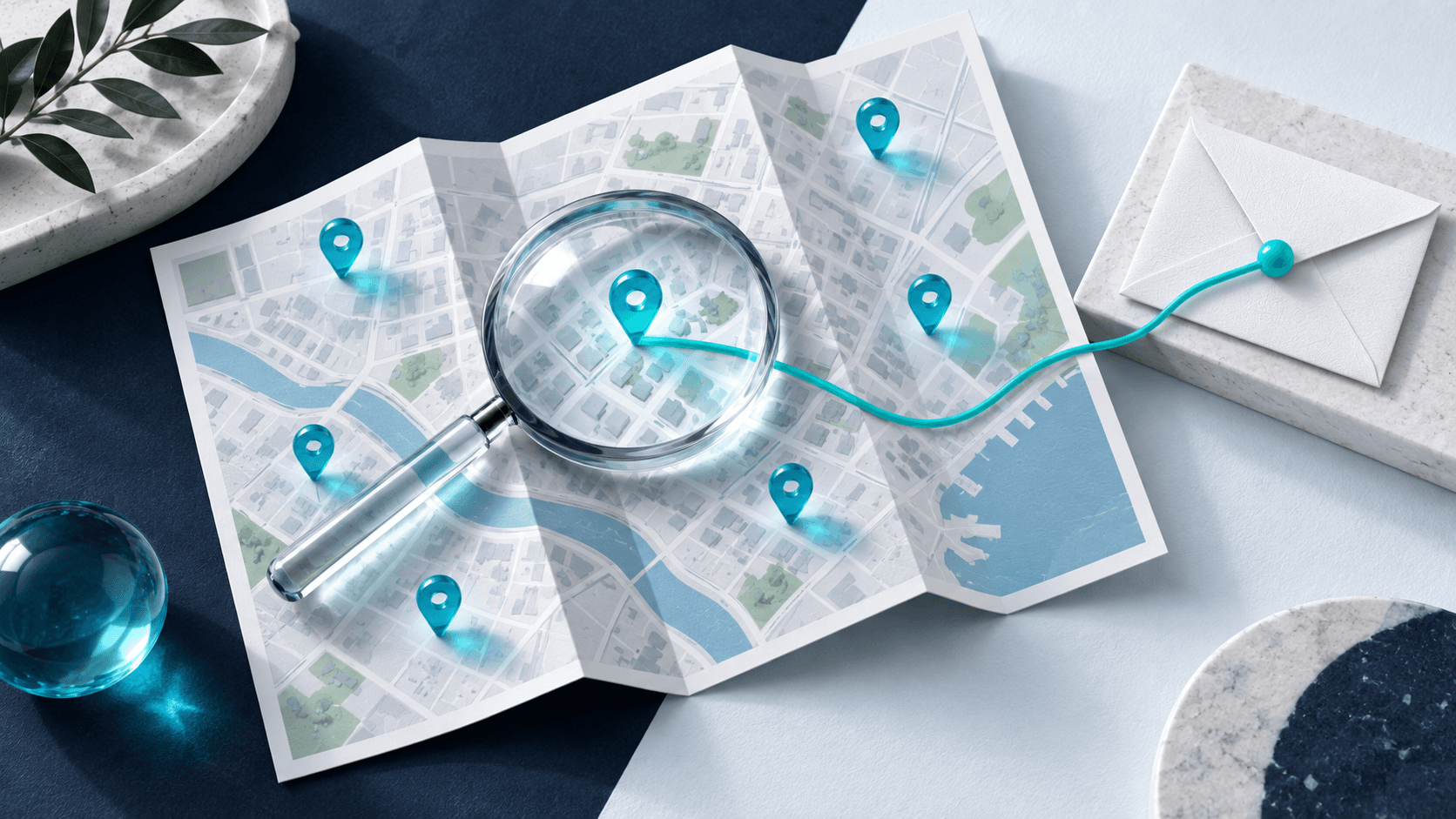 Conceptual map with unnumbered location pins and a lens connected to a correspondence envelope