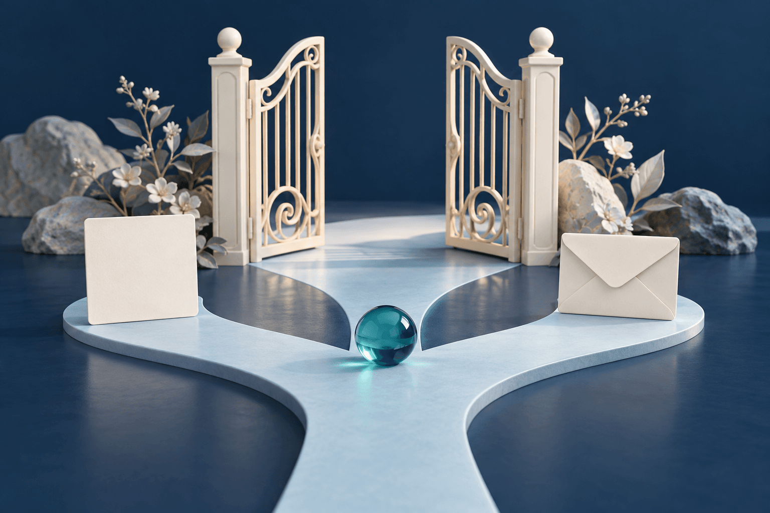 Conceptual illustration: an open teal gate between a blank results card and an ivory envelope with two alternative paths