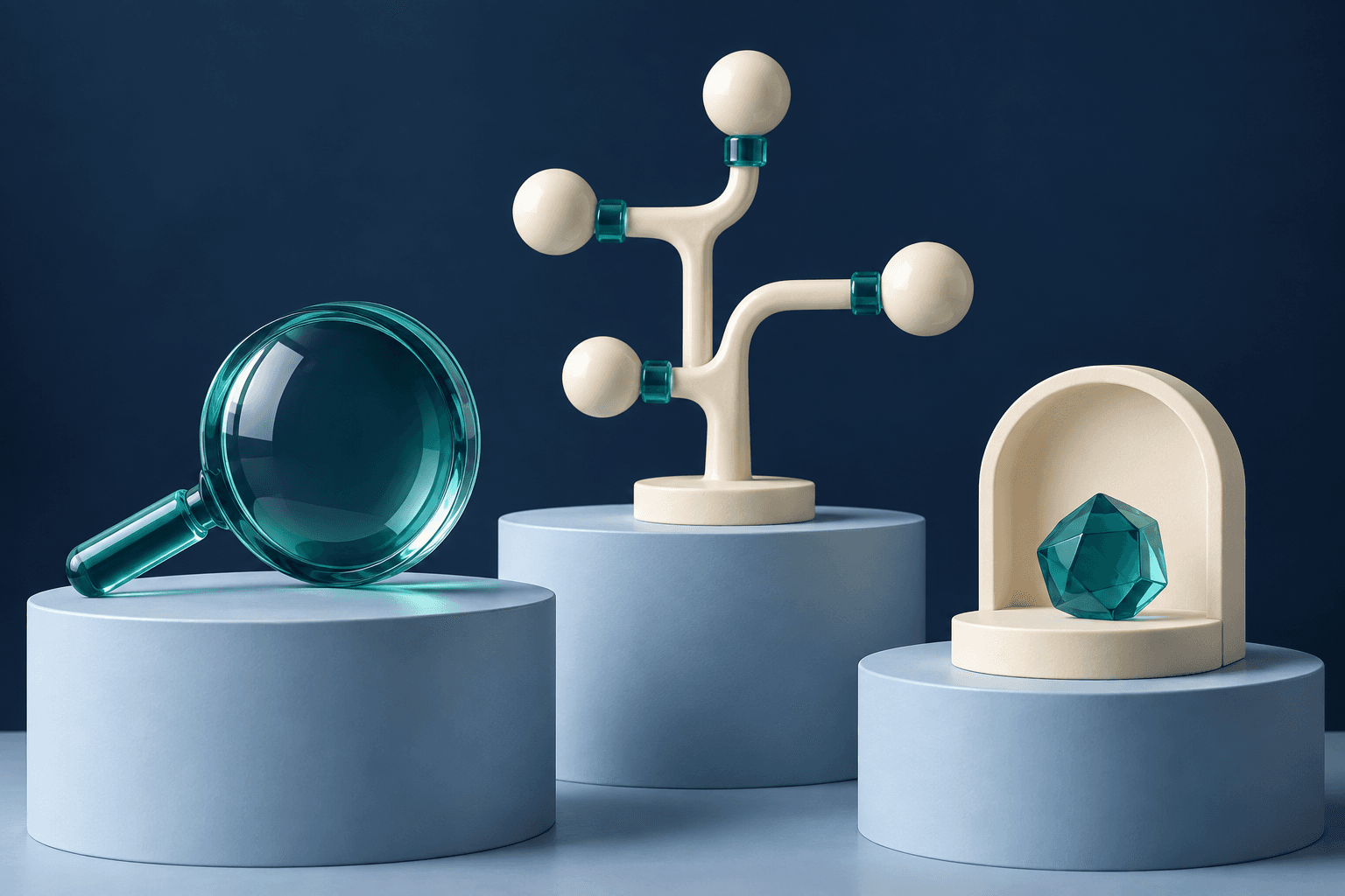 Conceptual illustration: three distinct objects: a lens, a branching workflow sculpture and a small demonstration stage