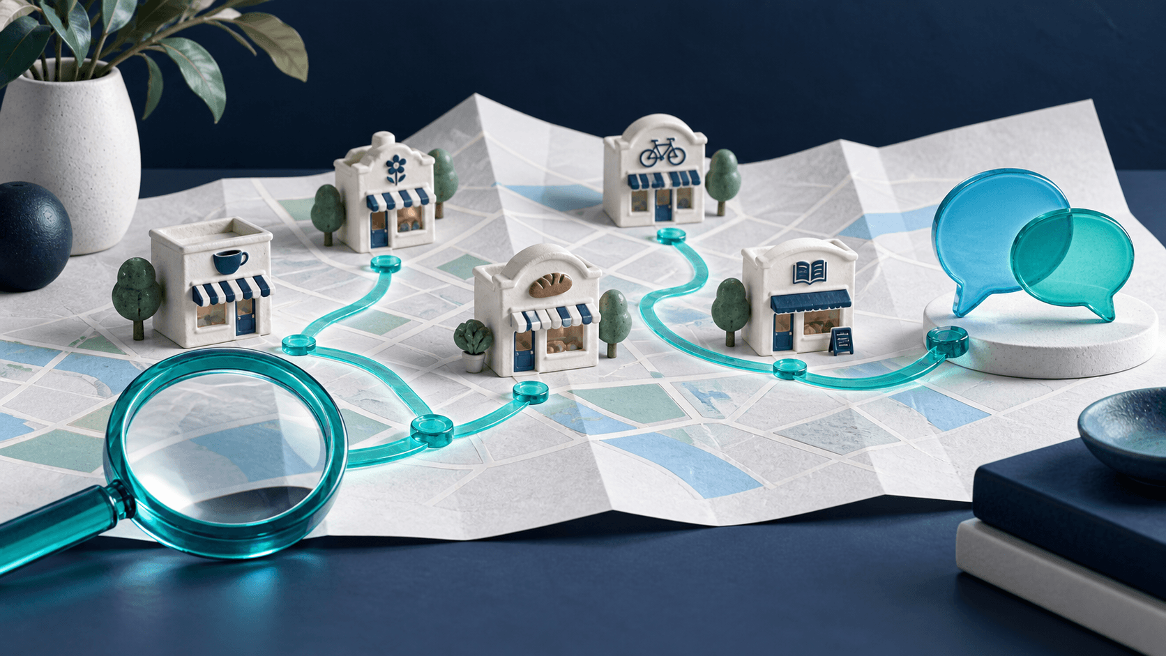 Conceptual local shops connected by a teal path from a magnifying lens to conversation shapes