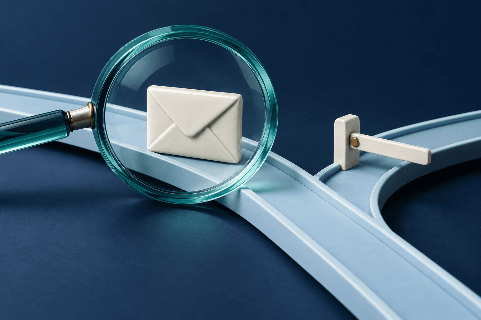 Conceptual illustration: an ivory envelope passing through a teal inspection lens beside a branching mechanical track