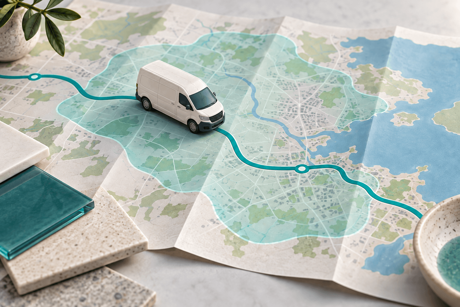 Conceptual trades van and route across a local service area