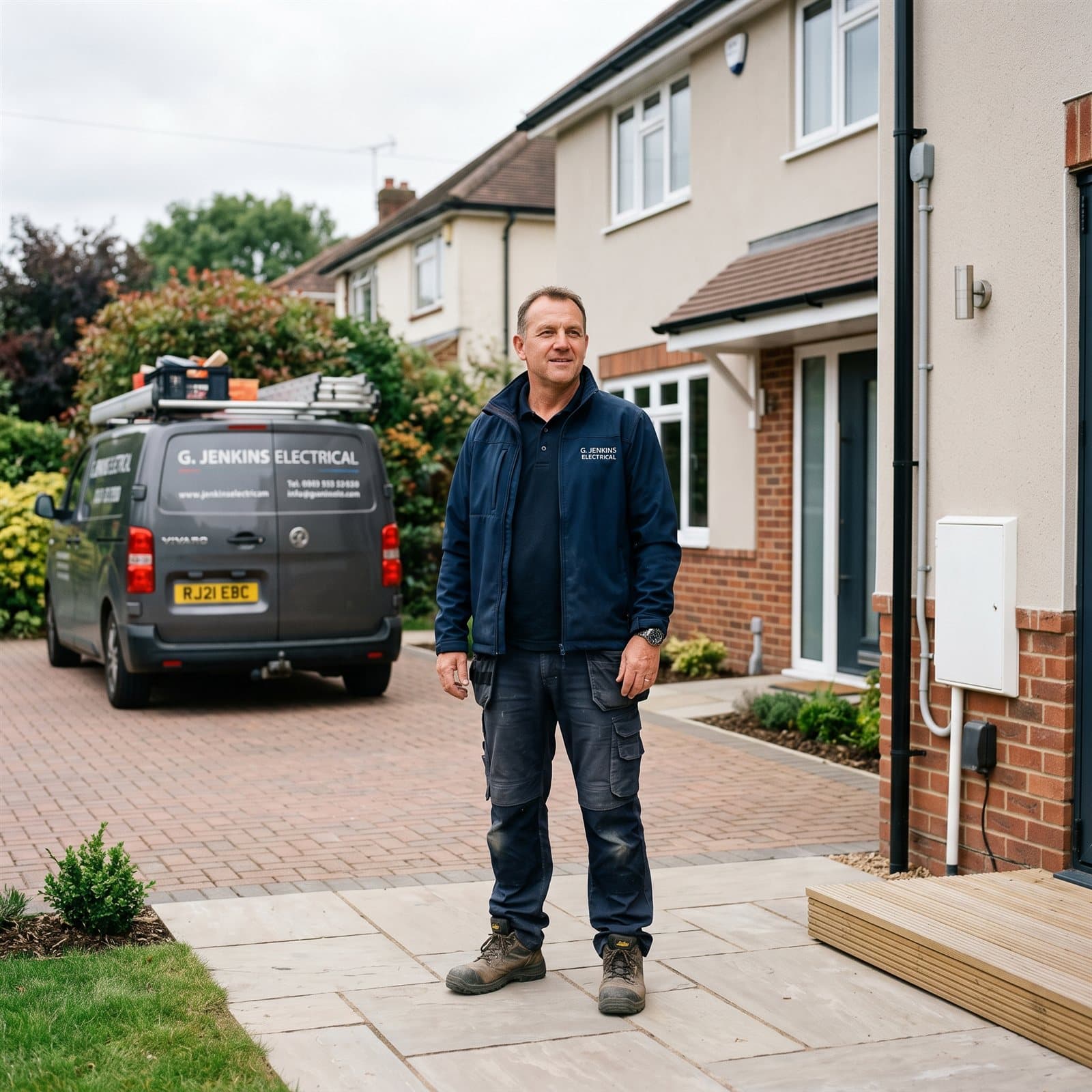 Electrician standing outside a completed job with his sign-written work van parked on the driveway