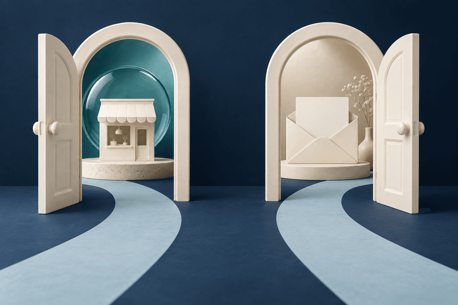 Conceptual illustration: two inviting doorways, one with a diagnostic lens and one with a simple envelope